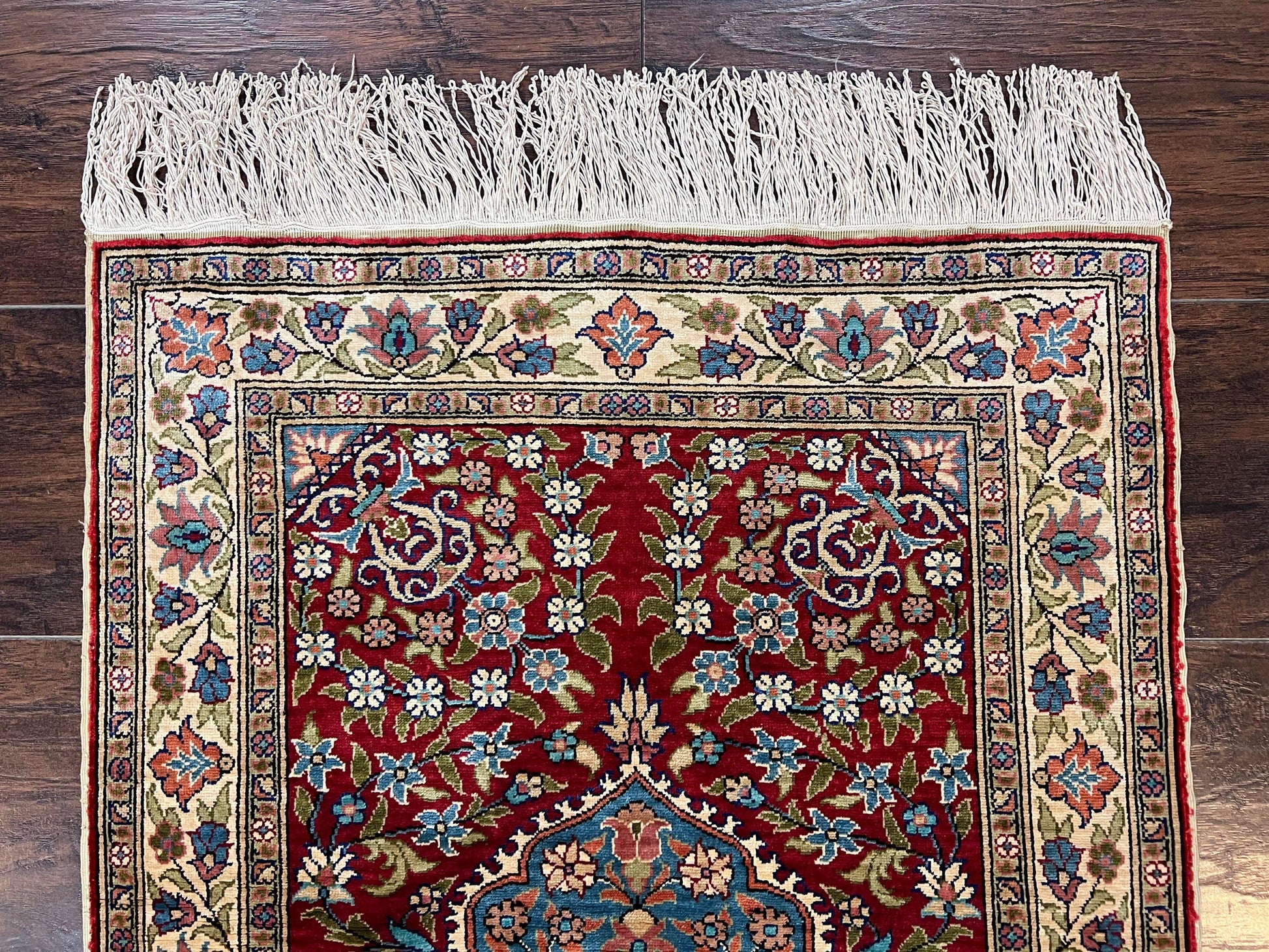 Silk Turkish Kayseri Rug 2x3, Small All Silk Turkish Carpet, Red and Light Blue, Very Fine Hand Knotted Semi Antique Vintage Handmade Rug - Nuvé