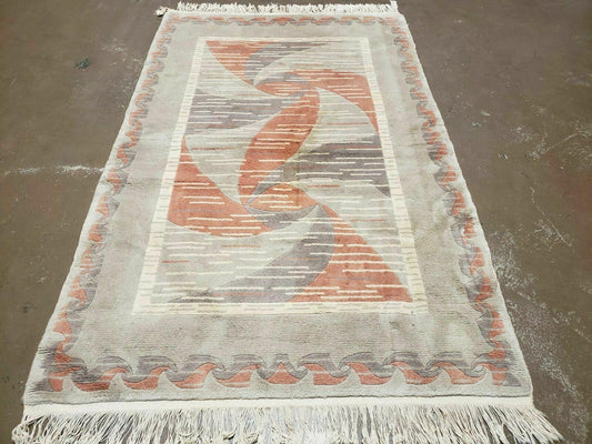 3' X 5' Handmade Modern Chinese Accent Rug - Silk on Cotton Carpet - Abstract Contemporary Design - Beige and Orange - Nuvé