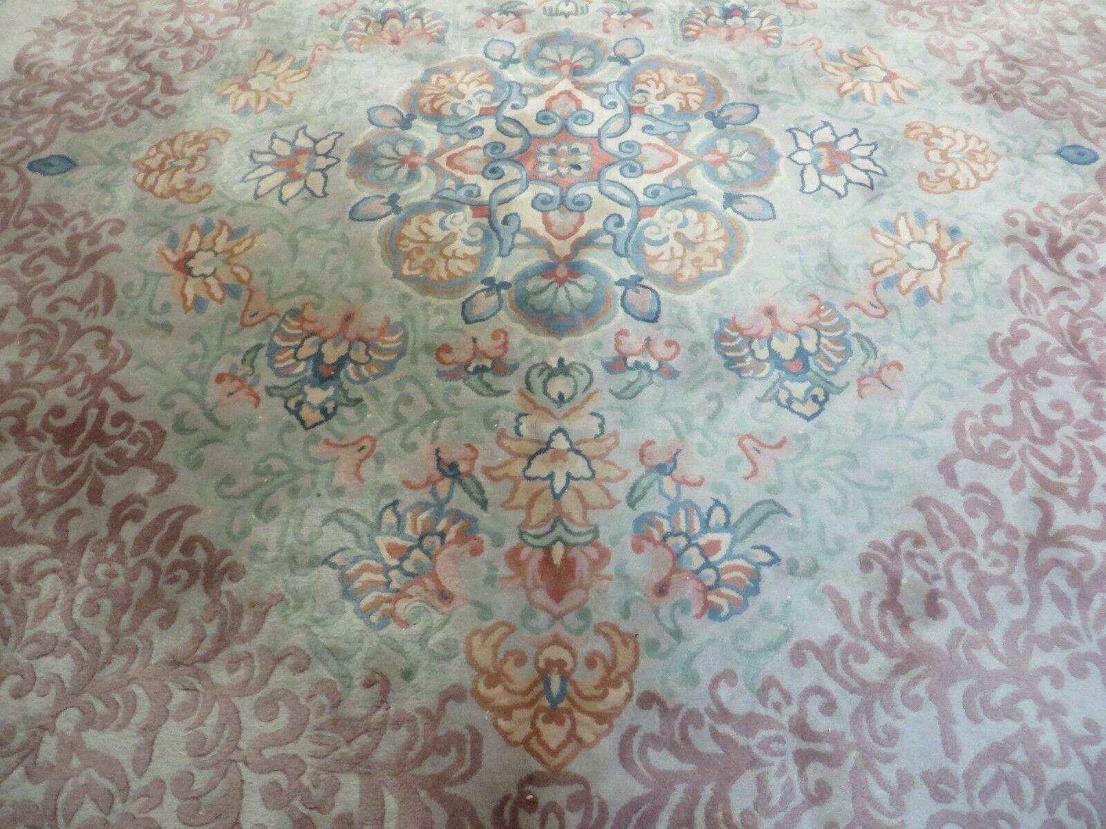 9' X 12' Vintage Handmade Chinese Carving Sculpture Wool Rug Flower Design Pink Carpet - Nuvé