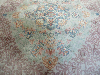 9' X 12' Vintage Handmade Chinese Carving Sculpture Wool Rug Flower Design Pink Carpet - Nuvé