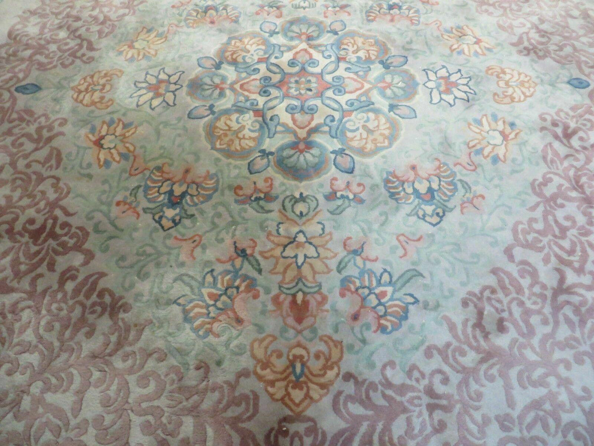 9' X 12' Vintage Handmade Chinese Carving Sculpture Wool Rug Flower Design Pink Carpet