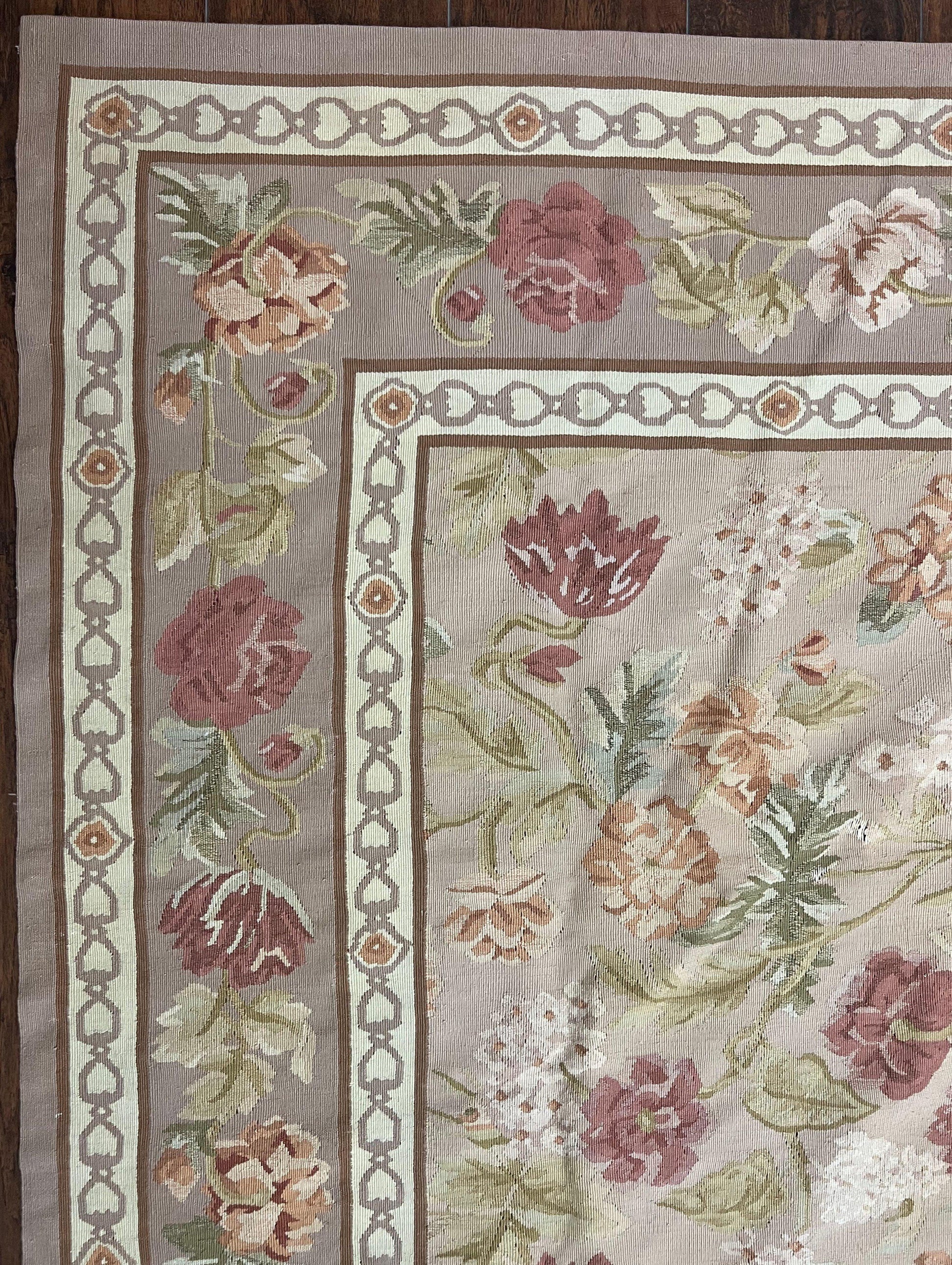 Aubusson Rug 9x12, Pink Beige Light Mauve, Handmade Allover Floral Roses, Wool Flatweave Carpet 9 x 12 ft, European French Design, Elegant - Nuvé