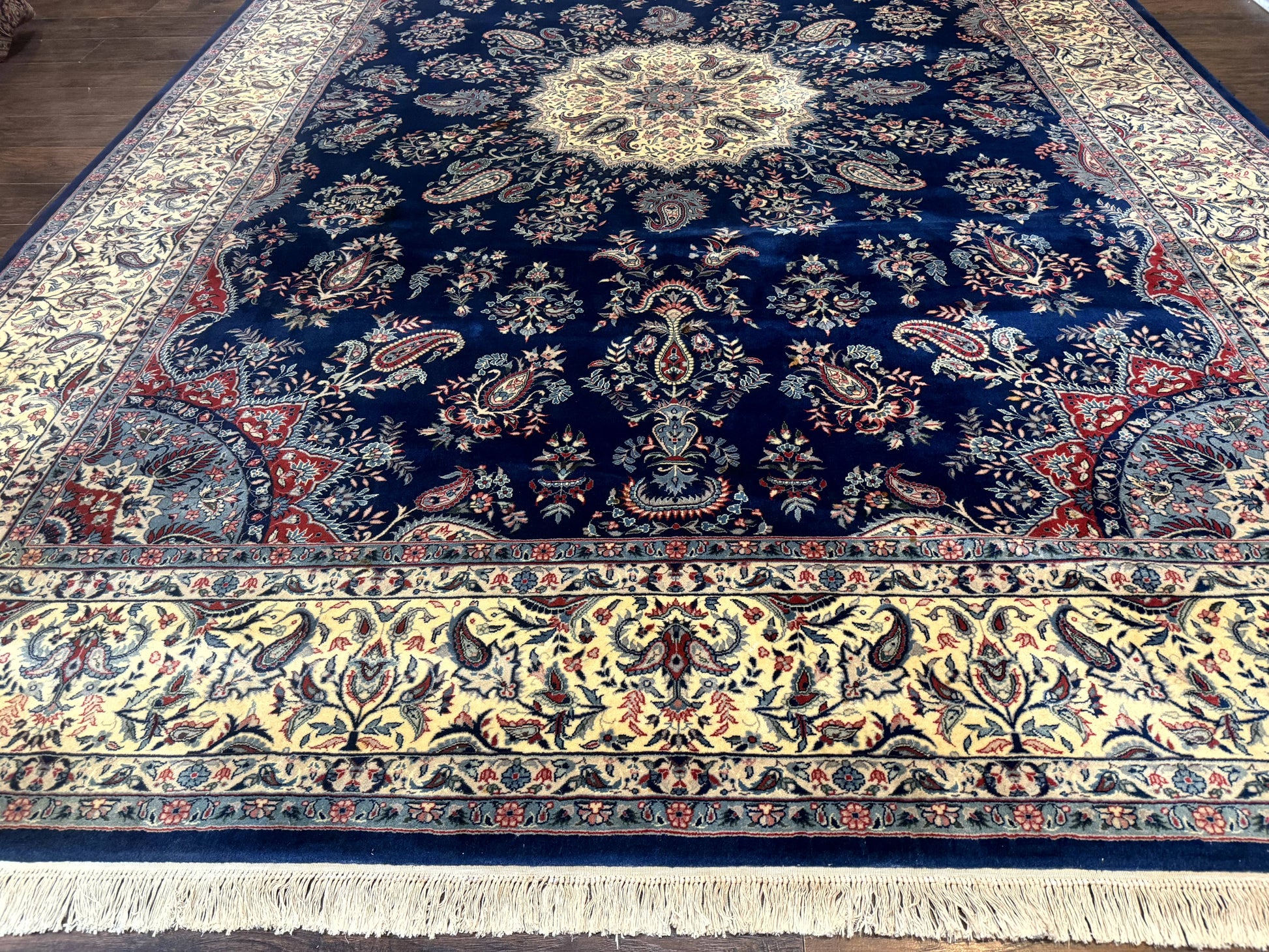 Sino Persian Kerman Rug 10x14, Blue and Beige, Floral Medallion, Fine 240 KPSI - Nuvé