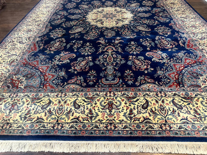 Sino Persian Kerman Rug 10x14, Blue and Beige, Floral Medallion, Fine 240 KPSI - Nuvé