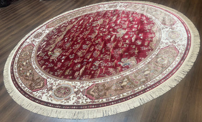 Large Round Turkish Silk Rug 8x8, Hunting Design, Dark Red & Ivory, Bamboo Silk - Nuvé