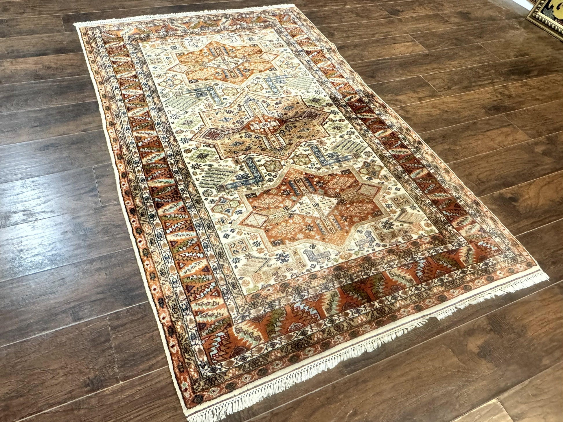 Turkish Kazak Rug 4x6, Geometric Medallions, Vintage Handmade Wool Carpet - Nuvé