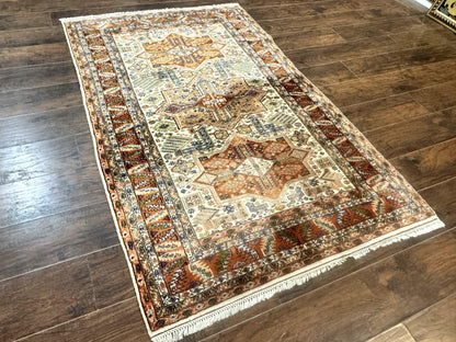 Turkish Kazak Rug 4x6, Geometric Medallions, Vintage Handmade Wool Carpet - Nuvé