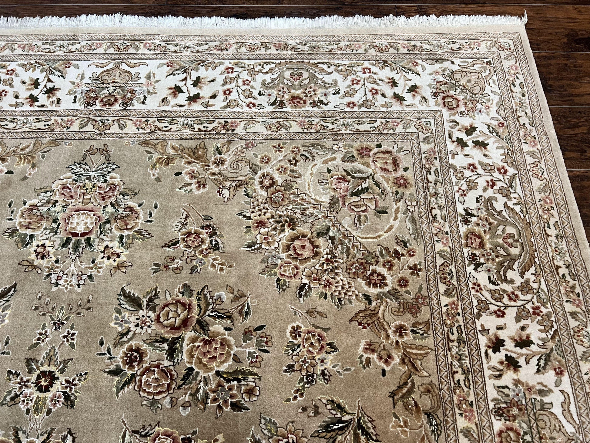 Sino Persian Rug 8x10, Soft Wool, Silk Highlights, Hand Knotted Vintage Carpet, Taupe & Ivory, Floral, Traditional Rug 8 x 10 - Nuvé