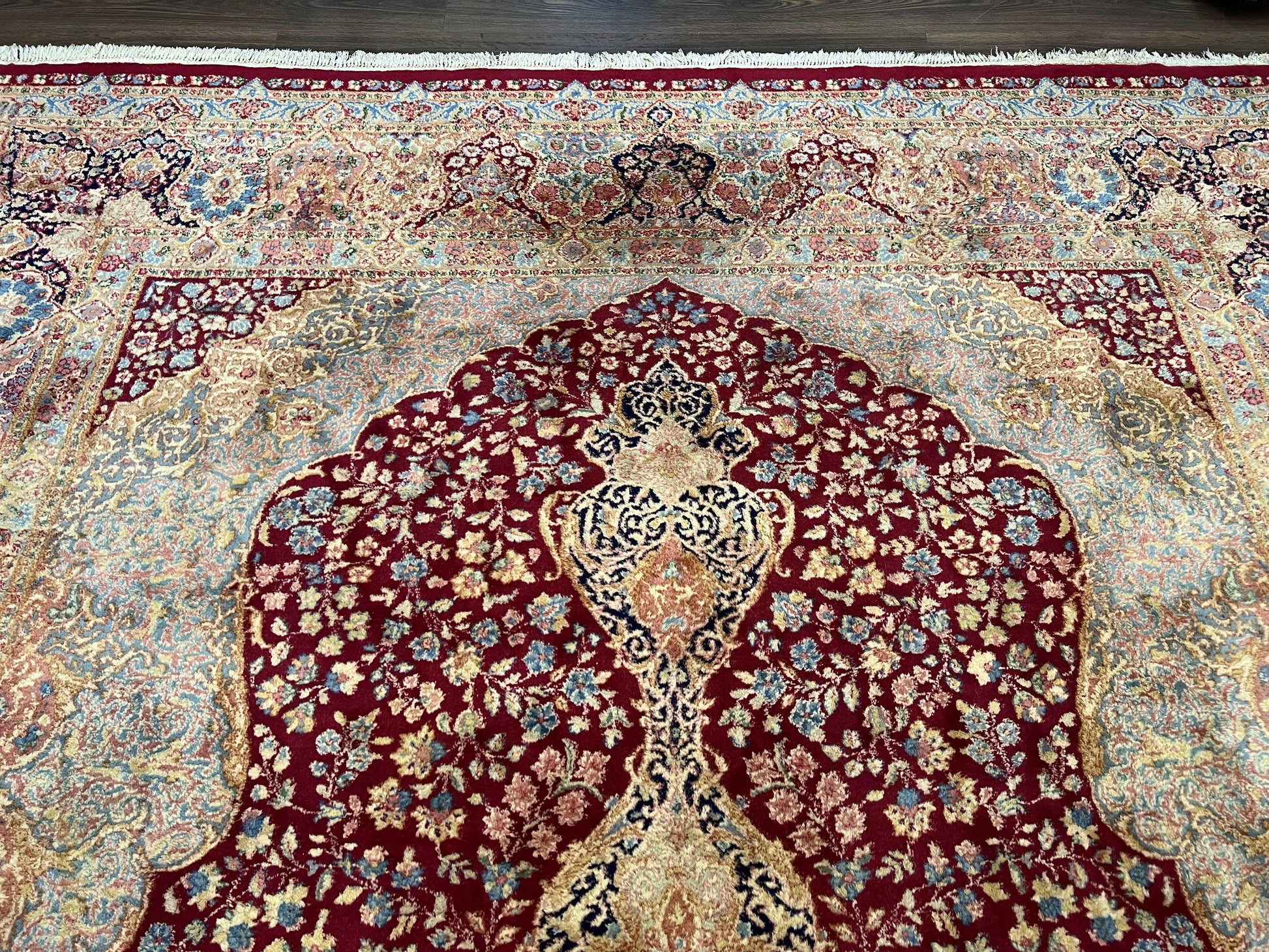 Persian Rug 9x12, Kirman DeLuxe, Millefleur Floral Medallion Carpet, Maroon Light Blue Beige, Semi Antique Authentic Hand Knotted Wool Rug - Nuvé