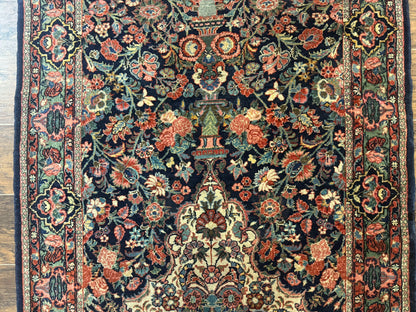 Antique Persian Rug 4x5, Navy Blue 1920s Carpet, Wool, Rare, Fine, Persian Hamadan Bidjar Carpet - Nuvé