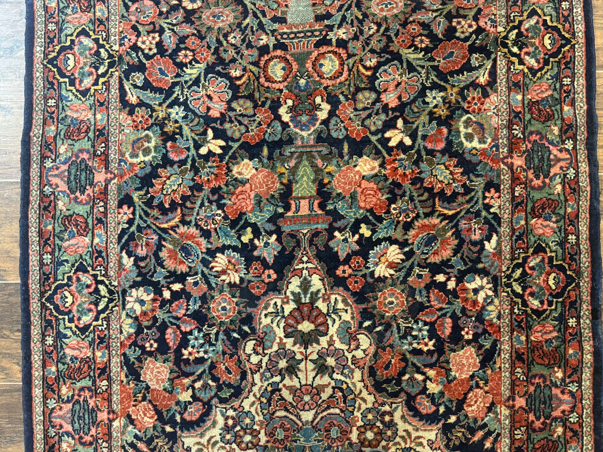 Antique Persian Rug 4x5, Navy Blue 1920s Carpet, Wool, Rare, Fine, Persian Hamadan Bidjar Carpet