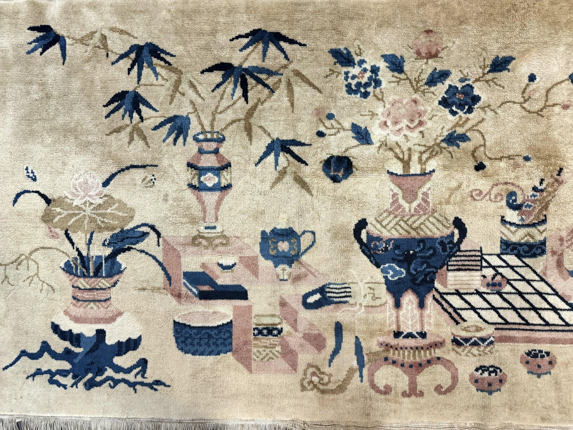 Chinese Rug 5x3, Horizontal Rug, Vases Flowers, Handmade Antique Vintage Carpet, Peking Rug, Chinese Wool Rug - Nuvé