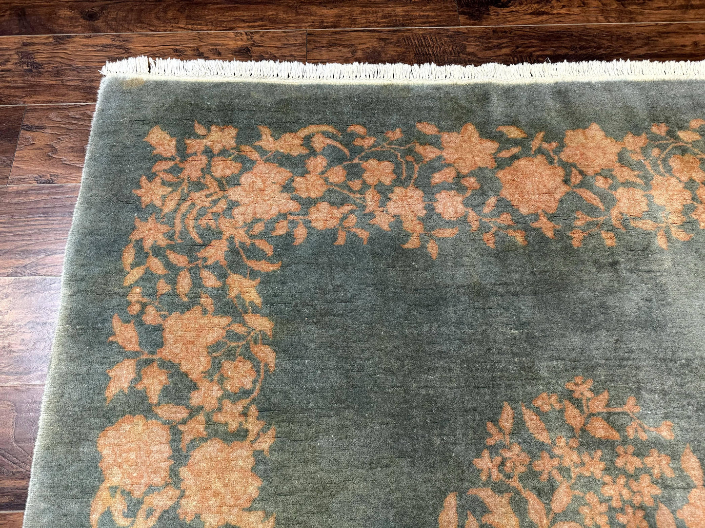 Teal Chinese Wool Rug 6x8, Vintage Handmade Carpet, Floral, Semi Open Field - Nuvé