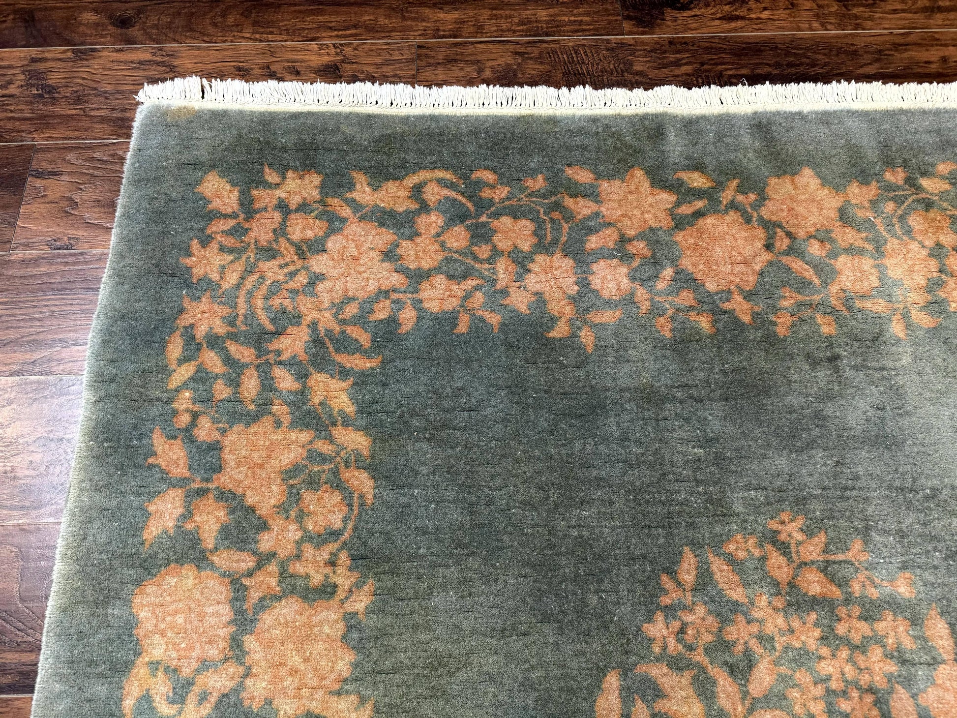 Teal Chinese Wool Rug 6x8, Vintage Handmade Carpet, Floral, Semi Open Field - Nuvé