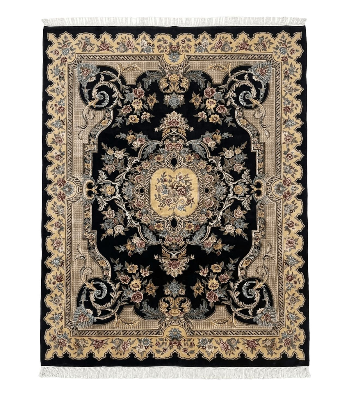 Aubusson Rug 9x12, Black and Beige, Floral, Elegant Handmade French European Design Carpet