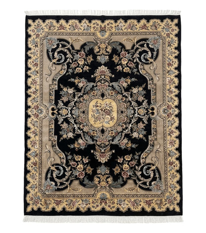 Aubusson Rug 9x12, Black and Beige, Floral, Elegant Handmade French European Design Carpet