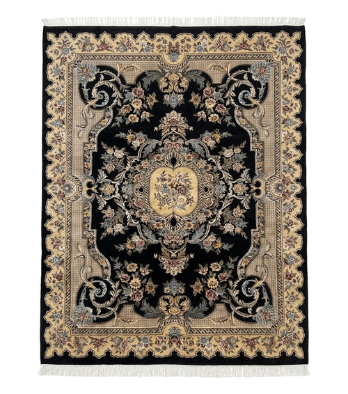 Aubusson Rug 9x12, Black and Beige, Floral, Elegant Handmade French European Design Carpet