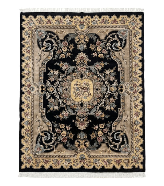 Aubusson Rug 9x12, Black and Beige, Floral, Elegant Handmade French European Design Carpet