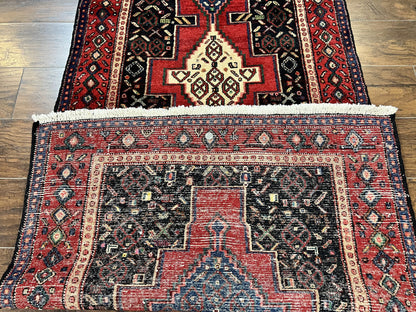 Persian Kurdish Senneh Runner Rug 3x9, Red Navy Blue, Medallions Wool Tribal Runner for Kitchen/Hallway 9ft Antique Handmade Oriental Runner