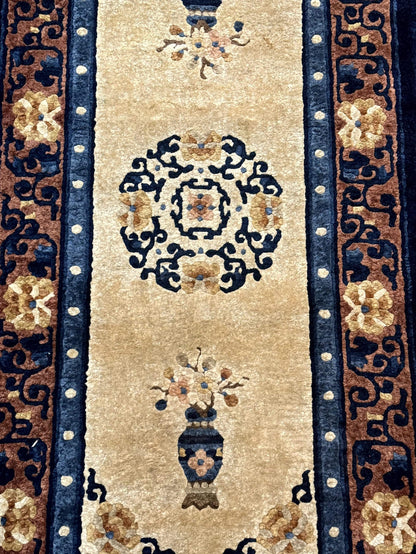 Silk Chinese Rug 2x4, Peking Carpet, Golden-Beige and Blue, Hand Knotted, Simple Design - Nuvé