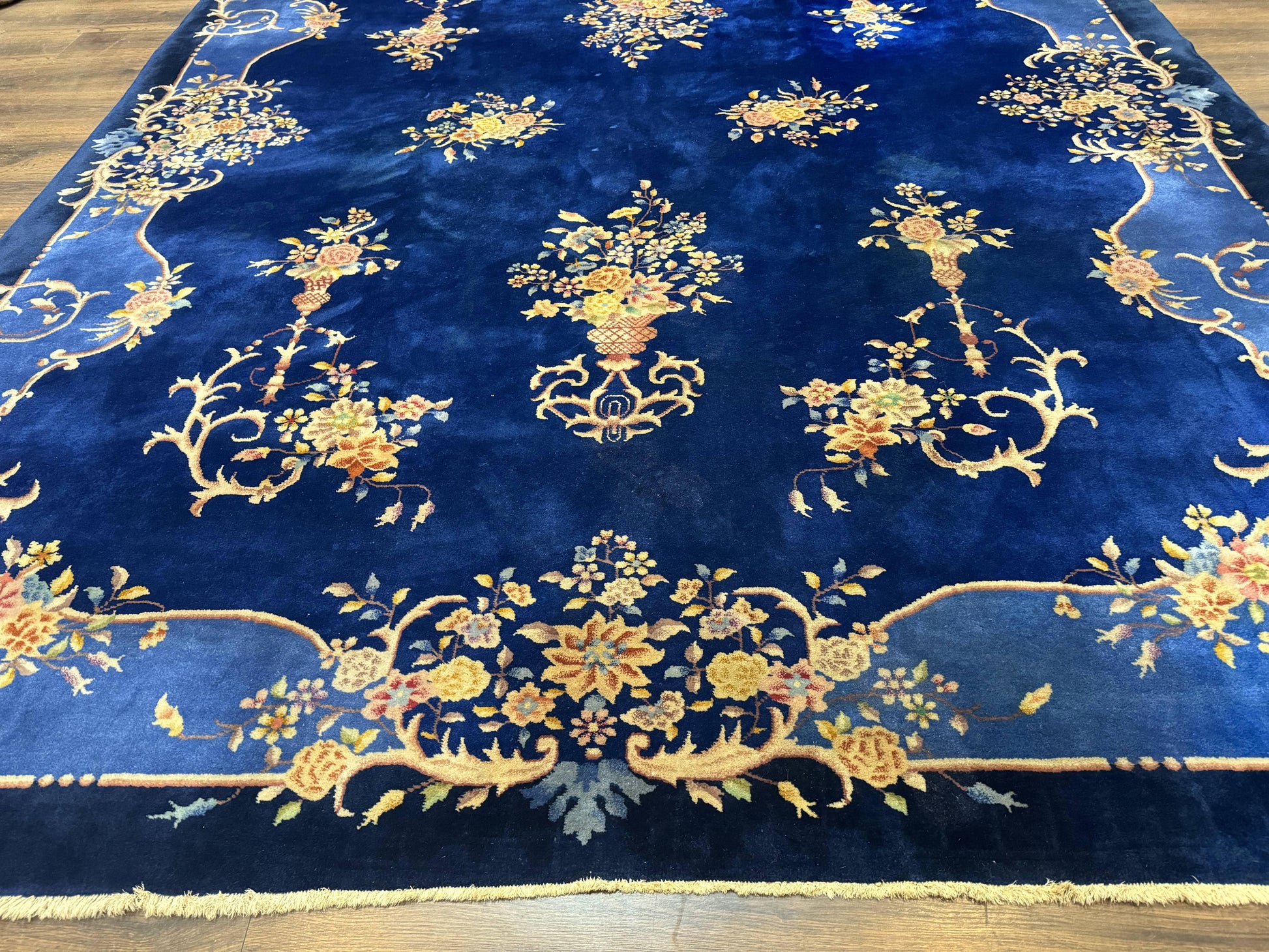 Blue Chinese Art Deco Rug 9x12, Vintage Antique Chinese Wool Rug, Chinese Fette Rug - Nuvé
