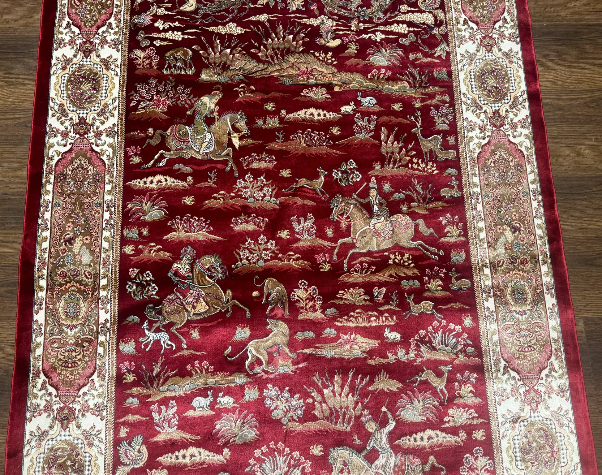 Turkish Silk Hunting Design Rug 4x6, Dark Red & Ivory, Bamboo Silk, New - Nuvé