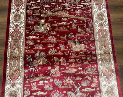 Turkish Silk Hunting Design Rug 4x6, Dark Red & Ivory, Bamboo Silk, New - Nuvé