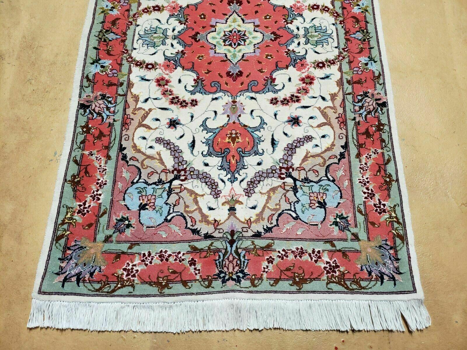 Small Vintage Persian Tabriz Wool and Silk Rug 2.5 x 4 ft, Very Finely Hand Knotted, Medallion, Ivory Salmon Light Blue, Top Quality, Pair B - Nuvé