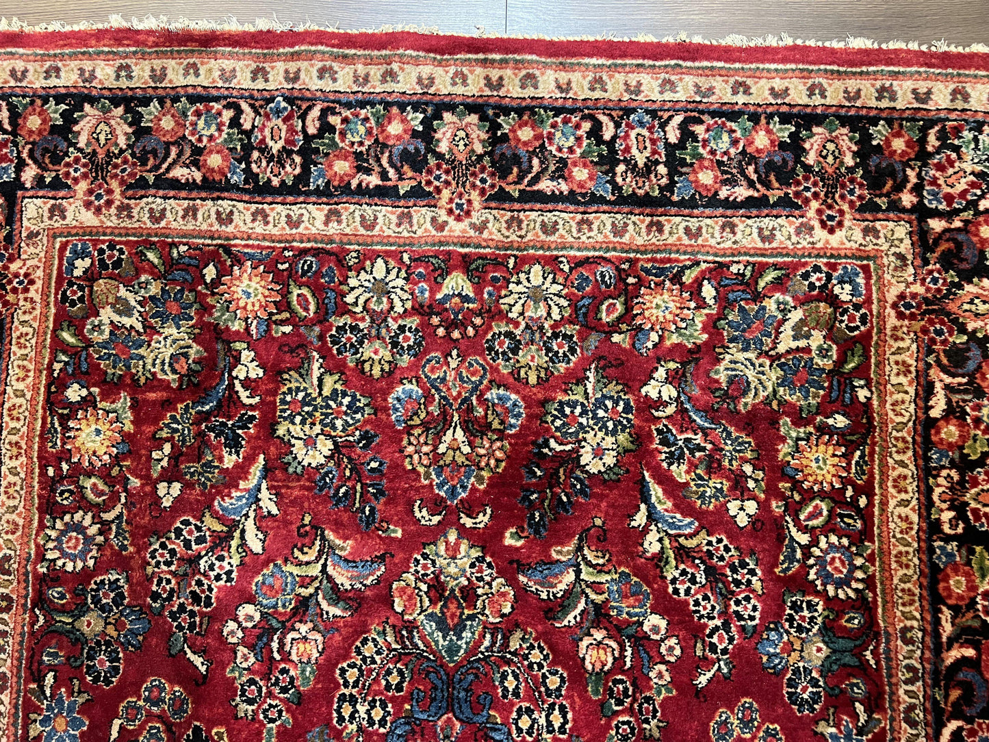 Rare Persian Almost Square Rug 6.3 x 5.3, Hand Knotted Wool Antique 1920s Sarouk Oriental Carpet, Red Navy Blue Beige, Floral Allover, 5x6 Area Rug - Nuvé
