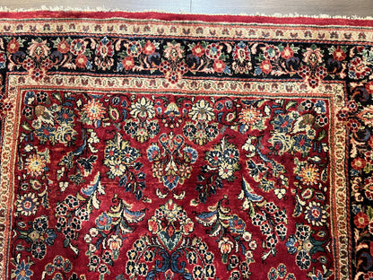 Rare Persian Almost Square Rug 6.3 x 5.3, Hand Knotted Wool Antique 1920s Sarouk Oriental Carpet, Red Navy Blue Beige, Floral Allover, 5x6 Area Rug - Nuvé