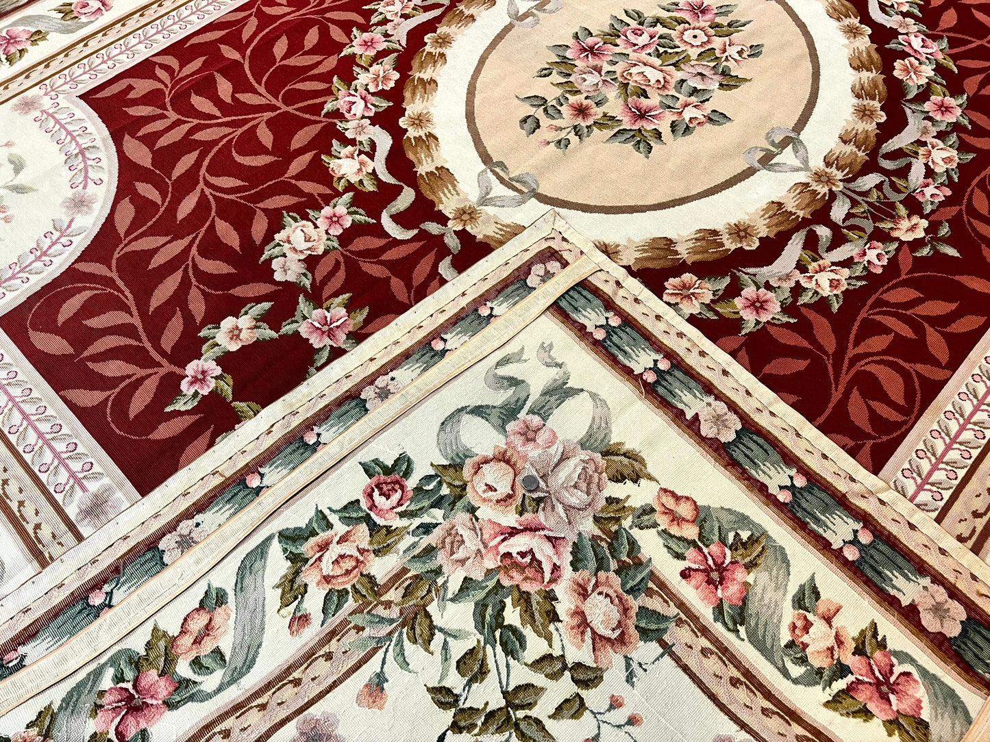 Wonderful Aubusson Rug 9x12, Handmade Vintage Needlepoint Carpet, Red and Ivory, Elegant European Design, Wool - Nuvé