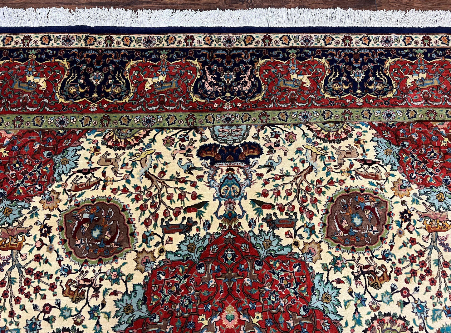 Wonderful Sino Persian Rug 6x10 with Animal Pictorial Motifs, Cream Dark Red Navy Blue, Birds Gazelles, Two Medallions, Top Quality Handmade - Nuvé