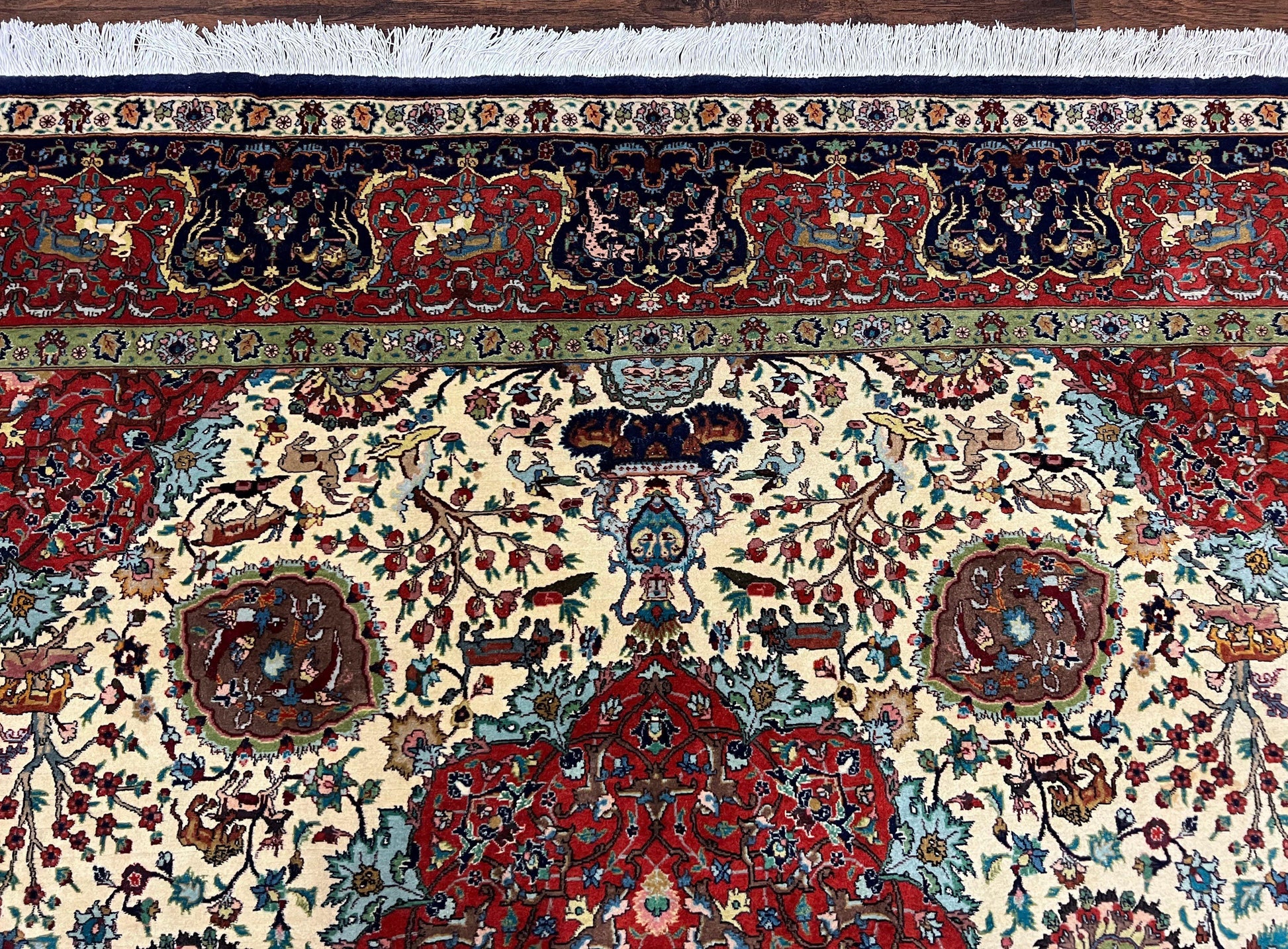 Wonderful Sino Persian Rug 6x10 with Animal Pictorial Motifs, Cream Dark Red Navy Blue, Birds Gazelles, Two Medallions, Top Quality Handmade - Nuvé
