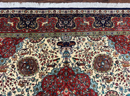 Wonderful Sino Persian Rug 6x10 with Animal Pictorial Motifs, Cream Dark Red Navy Blue, Birds Gazelles, Two Medallions, Top Quality Handmade - Nuvé