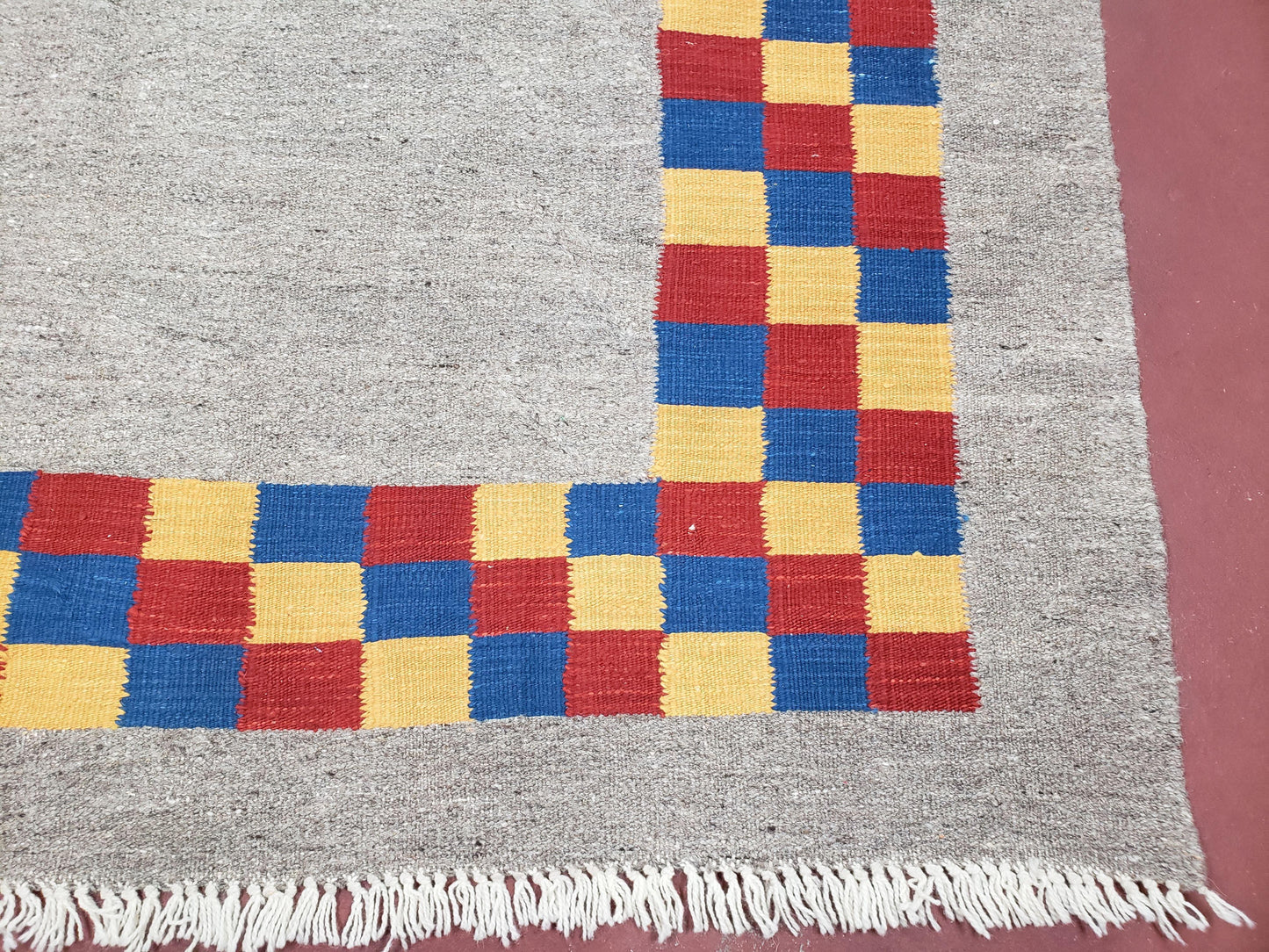 New Turkish Kilim Area Rug, Gray Carpet With Colorful Checker Border, 5'6" x 8", Flatweave Carpet, Playroom Rug, Kids Room Rug, Hand-Knotted - Nuvé