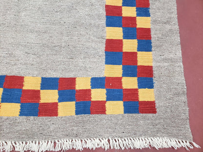 New Turkish Kilim Area Rug, Gray Carpet With Colorful Checker Border, 5'6" x 8", Flatweave Carpet, Playroom Rug, Kids Room Rug, Hand-Knotted - Nuvé