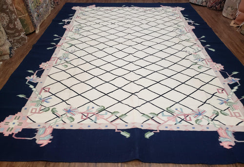 Vintage Dhurrie Rug, Indian Dhurrie 8x11 - 9x11, Wool Hand-Woven Ivory & Black Indo Carpet, Large Flat Weave Rug Living Room Rug Black White - Nuvé