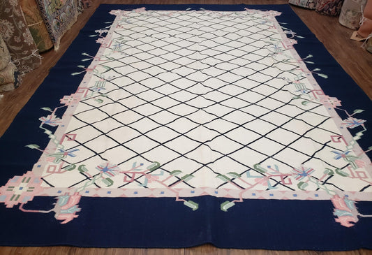 Vintage Dhurrie Rug, Indian Dhurrie 8x11 - 9x11, Wool Hand-Woven Ivory & Black Indo Carpet, Large Flat Weave Rug Living Room Rug Black White - Nuvé