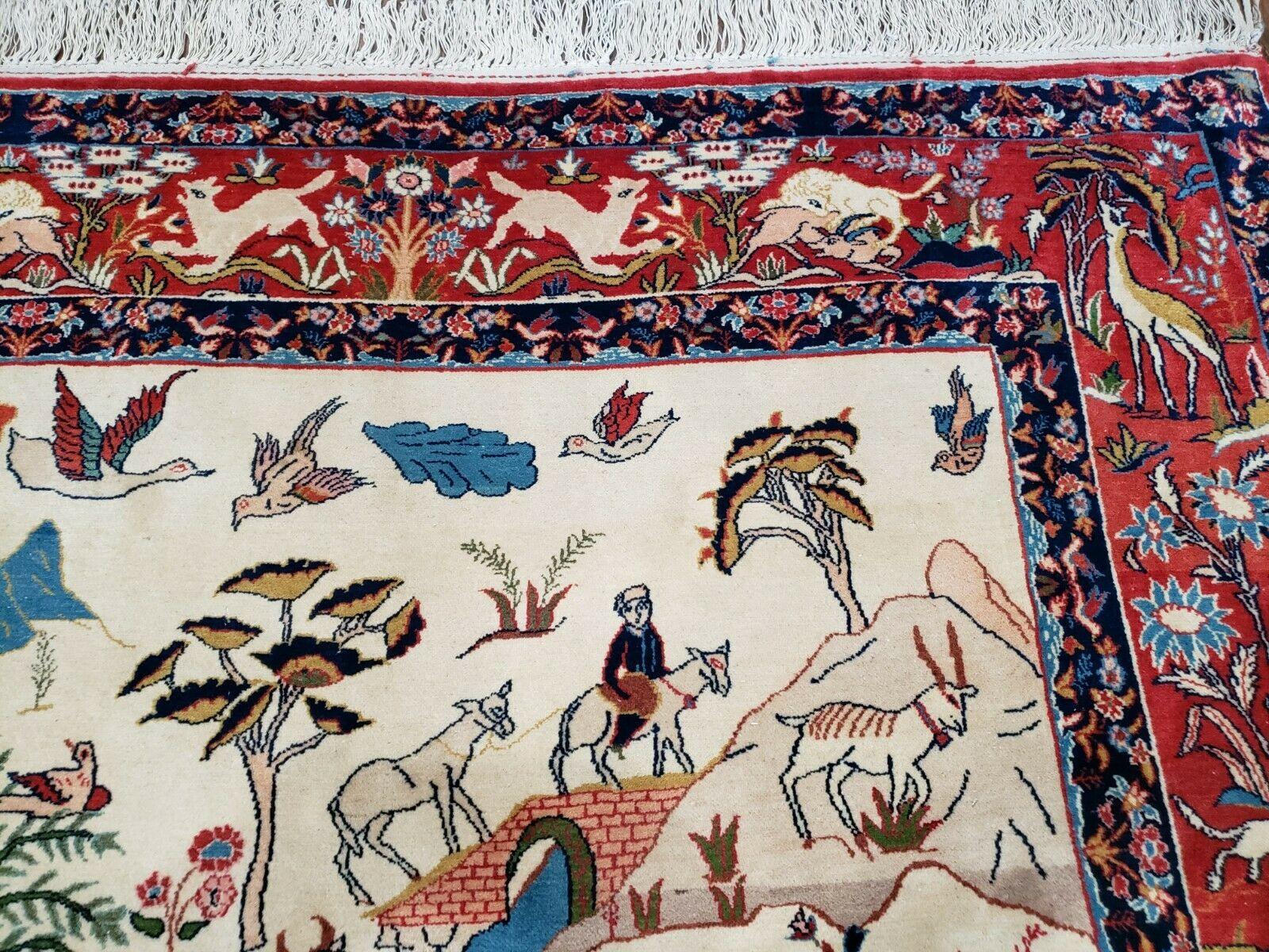 Antique Persian Isfahan Rug 5x7, Animal and Human Pictorials, Hand Knotted Fine Oriental Wool Carpet, Cream and Red, High KPSI, Vintage Rug 5 x 7 ft - Nuvé