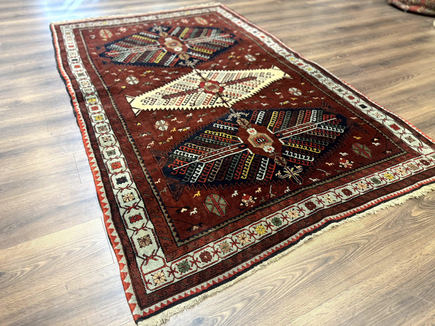 Antique Persian Tribal Rug 5 x 7.8, Triple Medallions, Red, Persian Afshar Rug - Nuvé