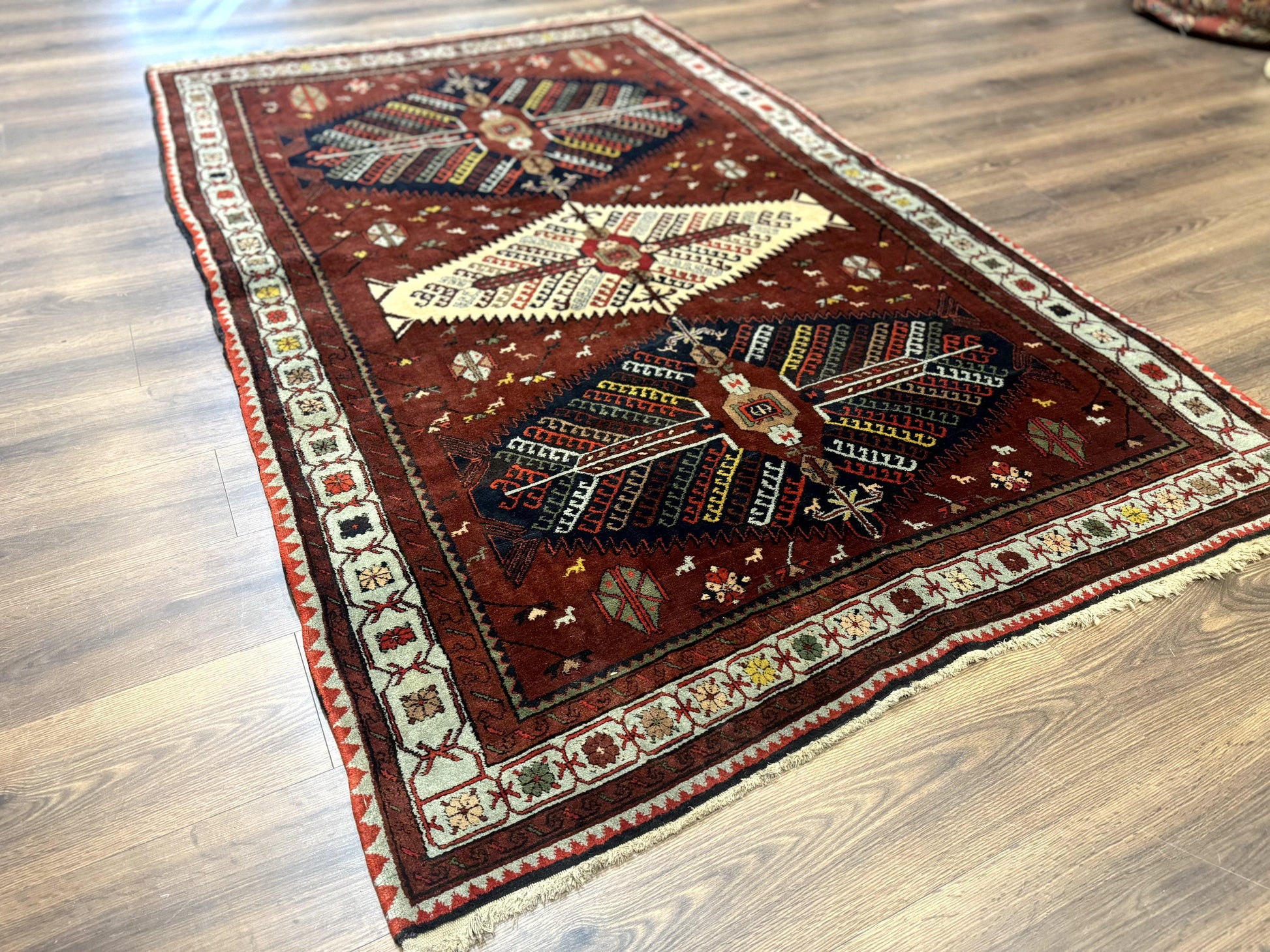 Antique Persian Tribal Rug 5 x 7.8, Triple Medallions, Red, Persian Afshar Rug - Nuvé