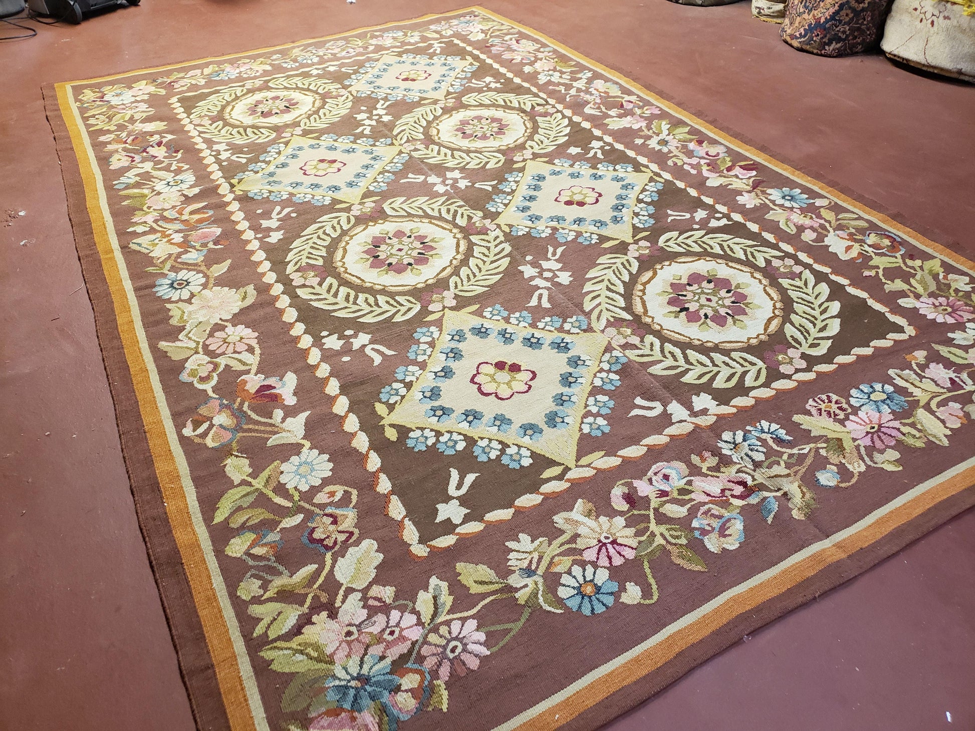 Aubusson Rug 6 x 9 Flat Weave Area Carpet European Design Flowers New Brown Rug Handmade Wool Hand-Knotted Aubusson Weave Medium Rug 6x9 - Nuvé