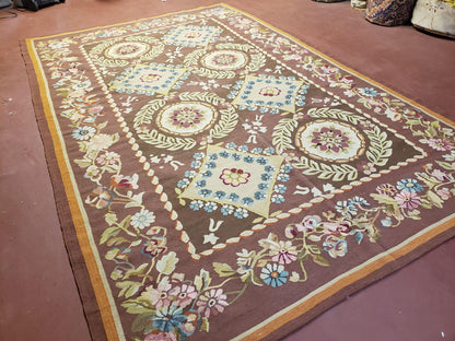 Aubusson Rug 6 x 9 Flat Weave Area Carpet European Design Flowers New Brown Rug Handmade Wool Hand-Knotted Aubusson Weave Medium Rug 6x9 - Nuvé