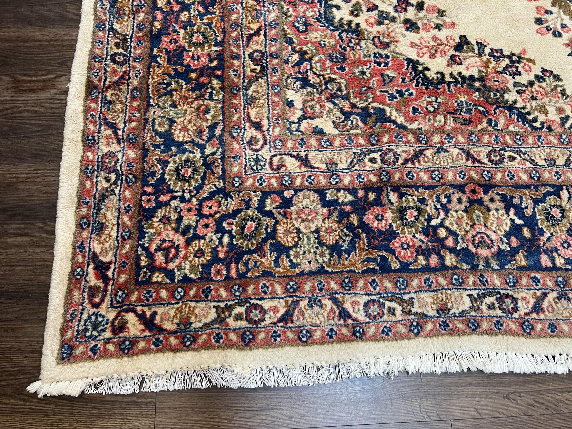 Persian Rug 9x10, Hamadan Rug, Antique Oriental Carpet, Wool Rug, Semi Open Field, Cream and Navy Blue, Kirman Design Hand Knotted Almost Square Rug - Nuvé