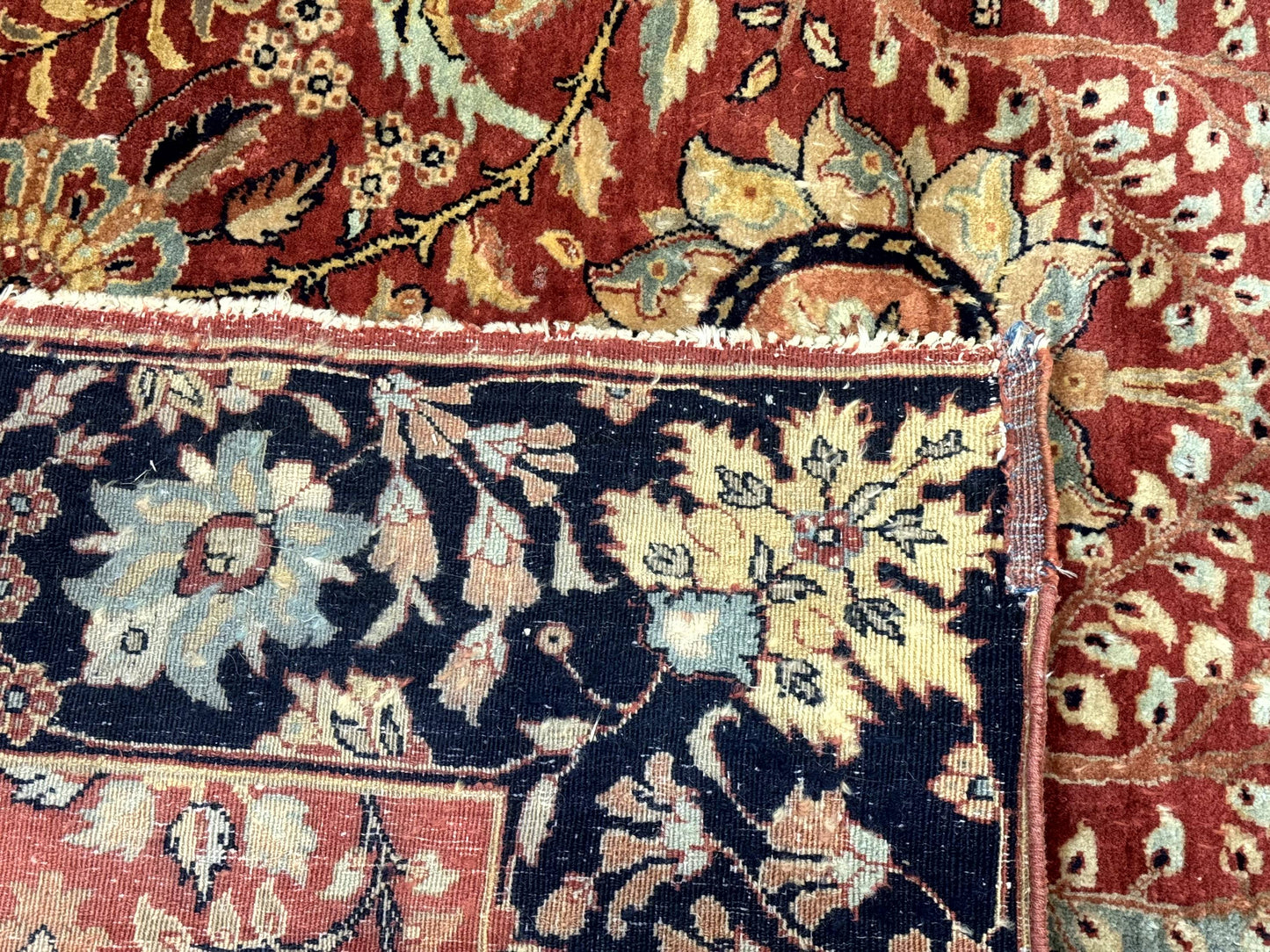 Indian Agra Rug 9x11, Terracotta and Navy Blue, Sickle Leaf Rug - Nuvé