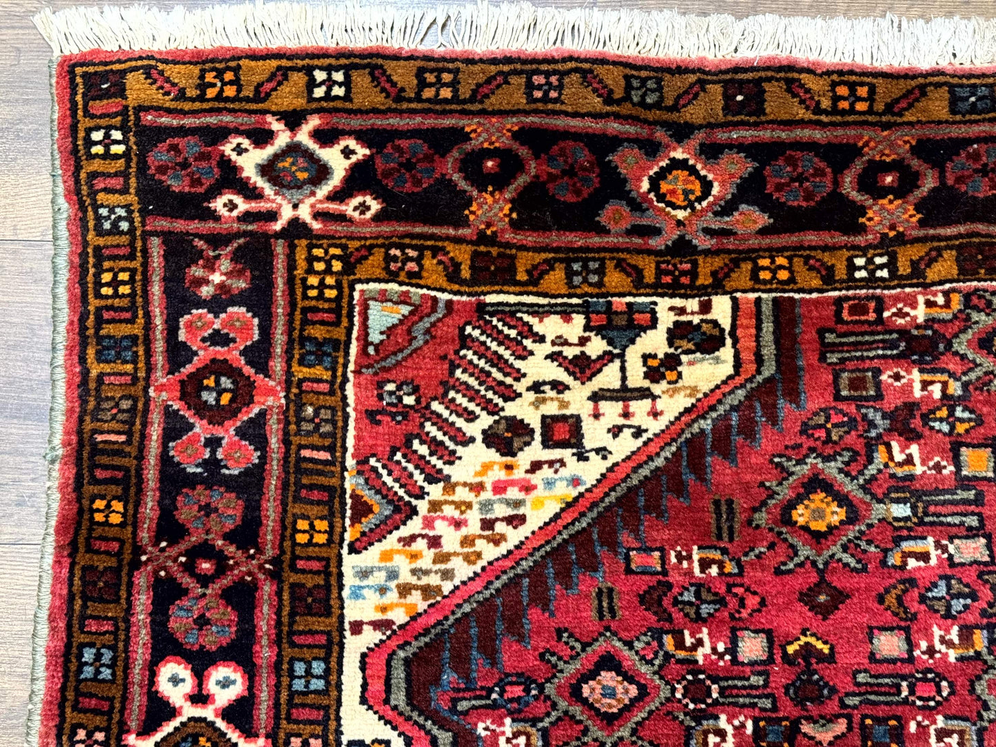 Persian Hamadan Rug 4x7, Tribal Village Malayer Carpet, Red and Ivory, Bohemian Antique - Nuvé