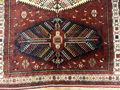 Antique Persian Tribal Rug 5 x 7.8, Triple Medallions, Red, Persian Afshar Rug - Nuvé