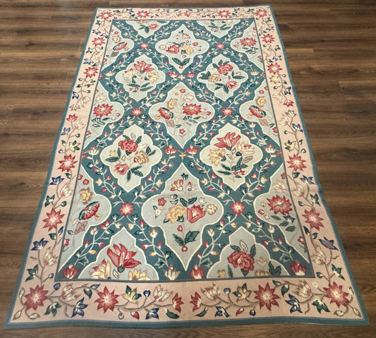 Teal Needlepoint Rug 6x9, Panel Design, Floral Bouquets, Handmade - Nuvé