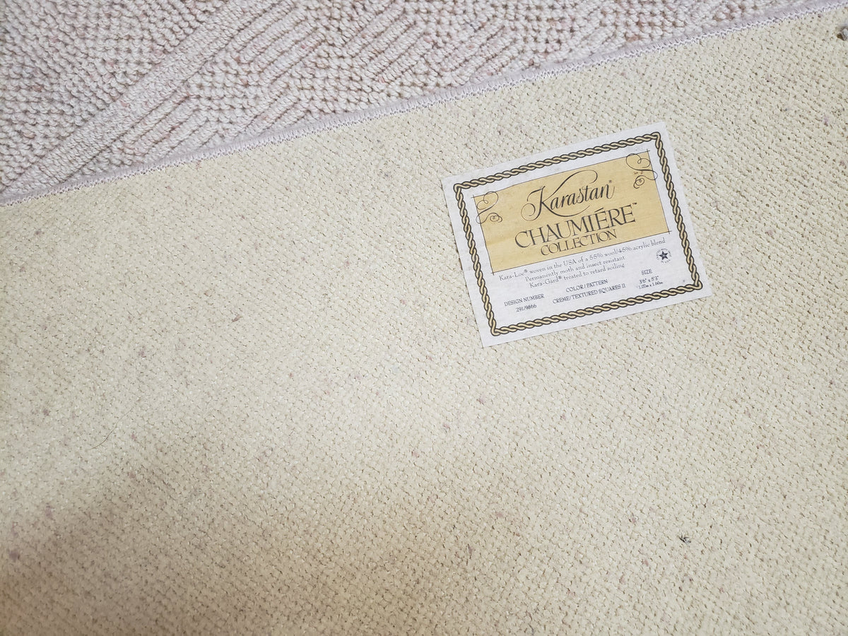 3x5 Karastan Rug Chaumiere Collection, Kara-Loc, Design #291/9866, Creme Color, Textured Squares II Patern, 3'6" x 5' 3" Carpet