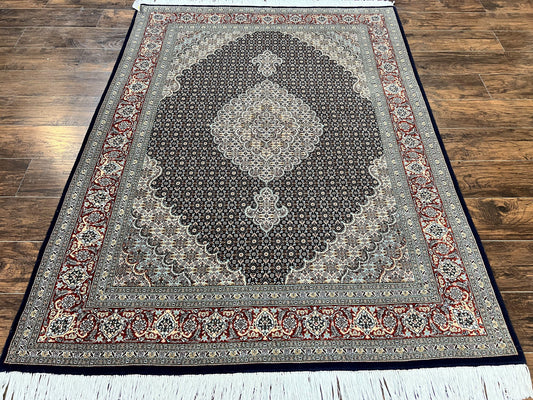 Persian Tabriz Rug 5x7, Wool with Silk Highlights, Hand Knotted Vintage Oriental Carpet, Very Fine, Herati Mahi Pattern, Black, Rare - Nuvé
